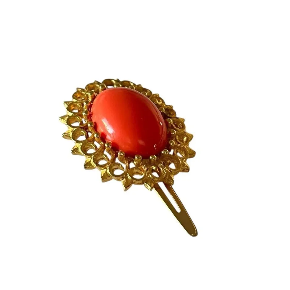Vintage 1960’s Gold Orange Cabochon Hair Clip